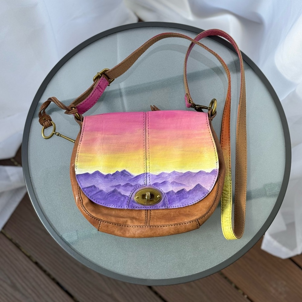 BOHO, crossbody, hand painted, Purple Mountain Majesty, upcycled, handbag.